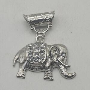 Elephant Scarf Slide Pendant Silver Tone Rhinestone Large Hole Charm Dangle